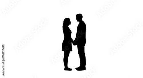 Silhouette of a couple holding hands on a white background