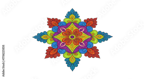 Colorful mandala design with intricate patterns and symmetrical shapes