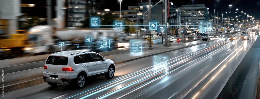 Obraz premium Futuristic self-driving car shows cutting-edge technology as it drives on the highway while monitoring surrounding vehicles with precision