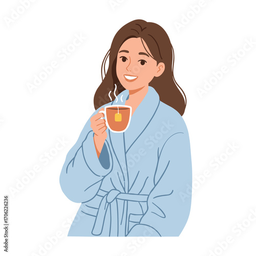 Woman smiling in bathrobe with teacup, flat vector style, cozy self-care morning routine, white background with copy space