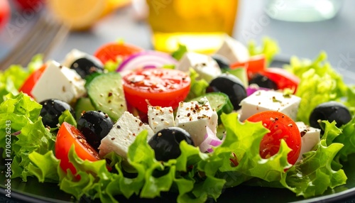 Close-up of a Greek salad on a dark plate
