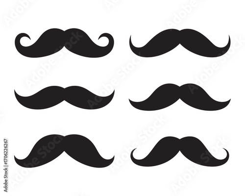 A curated collection of six distinct black mustache styles, presented as clean vector illustrations for graphic design, character development, and vintage-themed projects