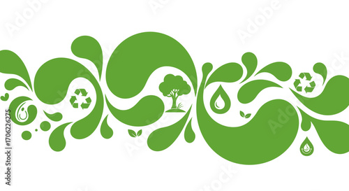 Eco-friendly abstract design with green nature symbols and waves
