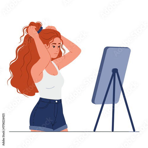 Woman with long hair tying it in flat vector illustration with casual grooming mood, looking in mirror on white background