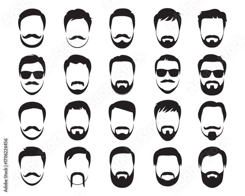 Collection of vector icons featuring various male hairstyles, mustaches, and beards. Set of modern gentleman avatars and masculine character profiles