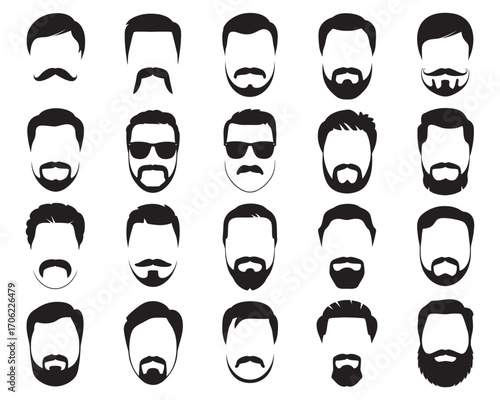 Set of various male haircuts and facial hair styles. Black silhouette icons of beards and mustaches for barbershop design. d.eps vector graphics
