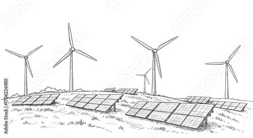 Renewable energy landscape with wind turbines and solar panels in sketched style