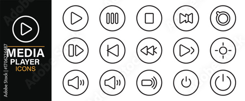 Line art multimedia player icons set with play, pause, forward, and power functions