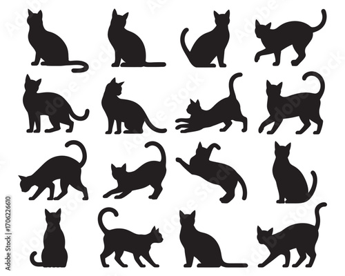 Black cat silhouette vector collection. An isolated set of domestic feline icons in various dynamic poses for creative design projects