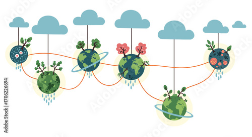 Earth day concept art with hanging planets and clouds in flat style