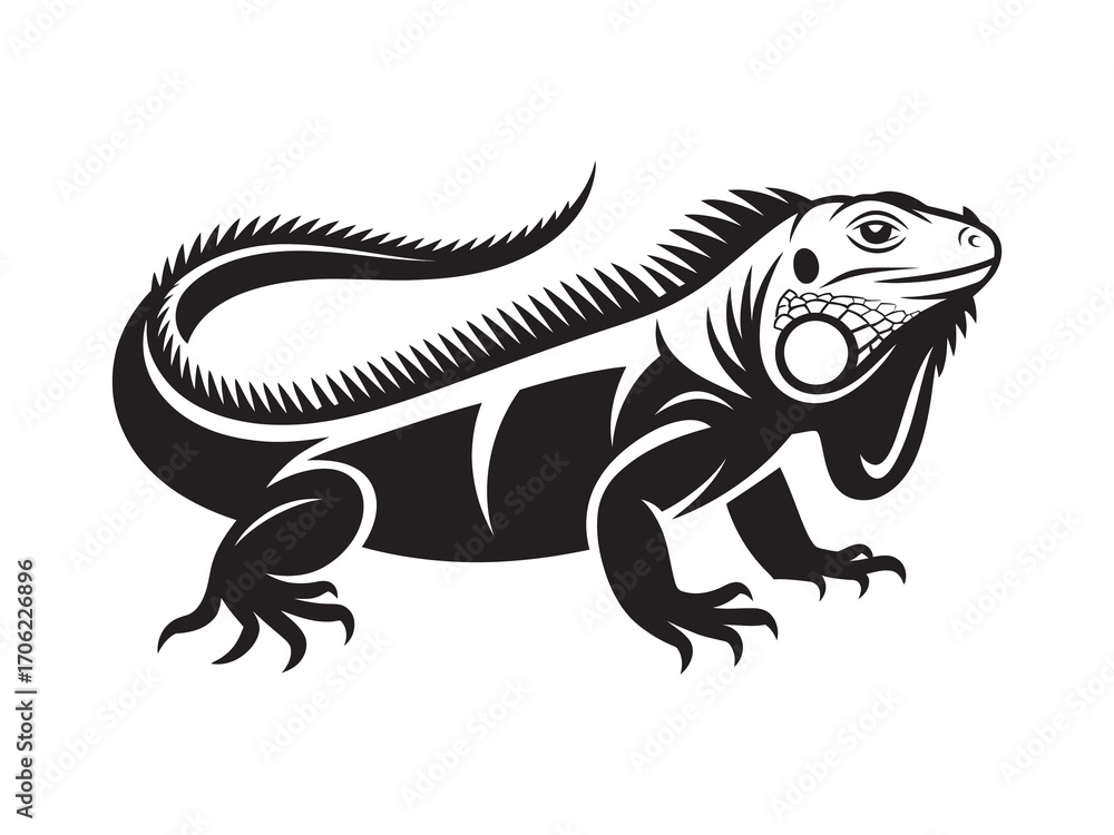 Fototapeta premium Stylized black and white iguana reptile illustration, a detailed lizard mascot graphic perfect for a vector logo or emblem design