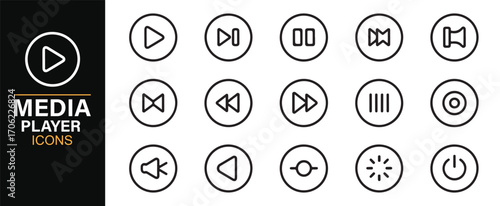 Editable stroke icons of music and video player controls for app and interface design
