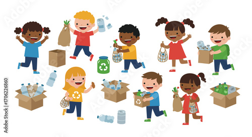Happy kids recycling and collecting cans and bottles in flat style design
