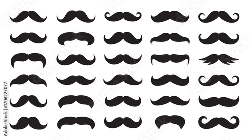 A large collection of black vector mustache silhouettes featuring various retro, hipster, and classic gentleman styles for design elements