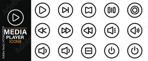 Minimal line icons of media player controls for technology, audio, and video projects