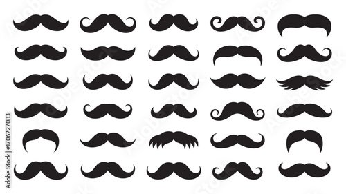 A diverse set of black mustache silhouettes presented as a vector graphic collection. Various men's facial hair styles for icons and design elements. 