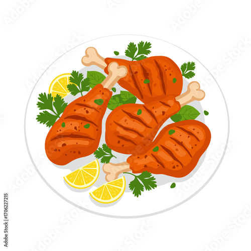 Spicy tandoori chicken drumsticks on plate with fresh herbs and lemon wedges, flavorful and vibrant, flat vector illustration of Indian cuisine on white background, with copy space