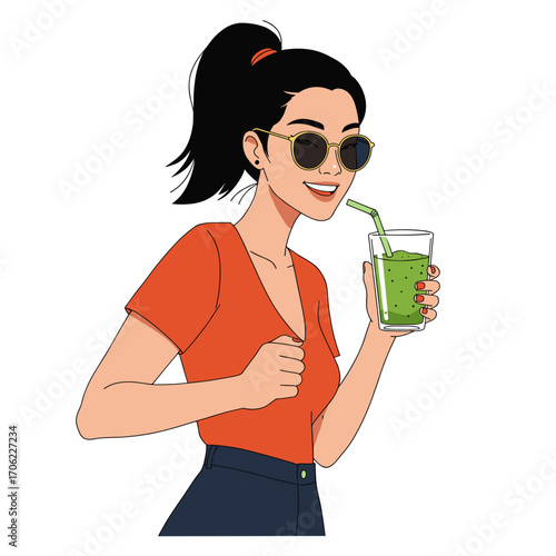 Stylish young woman with energetic mood, holding green smoothie representing movement and vitality, against white background