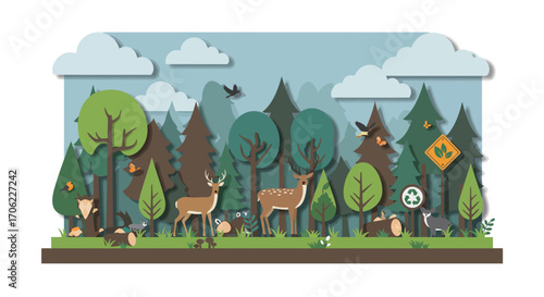 Paper cut forest scene with deer and wildlife in flat nature design