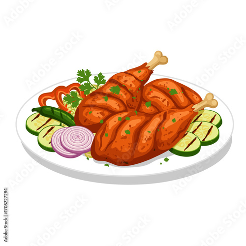 Tandoori chicken served with grilled vegetables and fresh garnish, colorful and appetizing, flat vector food illustration on white background, with copy space