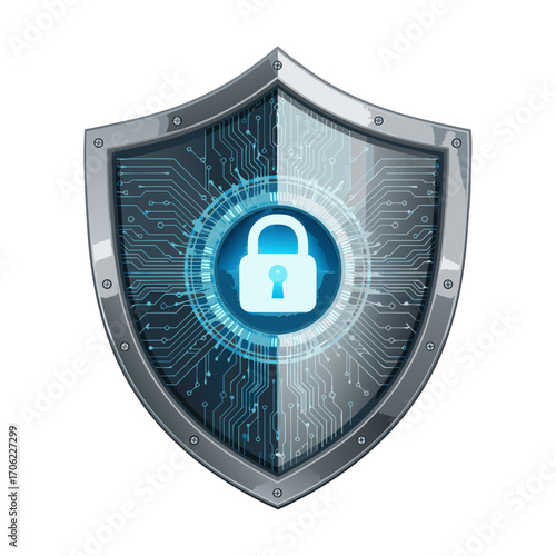 Digital shield with glowing padlock and circuit board symbolizes cybersecurity and data protection.