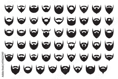 A diverse collection of men's facial hair styles. A vector illustration set of black beard and mustache silhouette icons