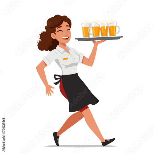 Waitress balancing full tray of beer glasses, flat vector style, smiling and serving customers, white background with copy space
