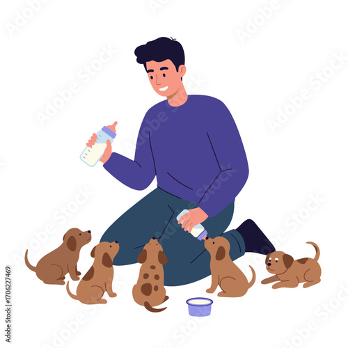 Volunteer feeding rescue puppies with bottle, flat vector style, animal care scene, white background with copy space