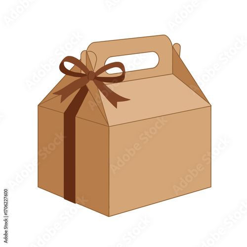 Kraft dessert box with handle and decorative ribbon, flat vector illustration, modern takeout bakery packaging on white background