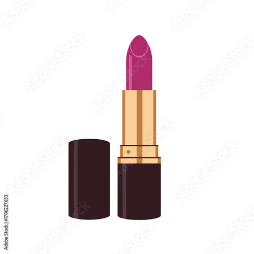 Matte lipstick bullet with elegant mood, vibrant color in tube with cap off, against clean white background