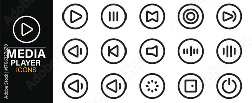 Editable stroke media player icons set with play, pause, stop, forward, and rewind buttons