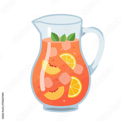 Pitcher of peach lemonade with mint leaves and lemon wedges, refreshing and vibrant, flat vector illustration of cool beverage on white background, with copy space