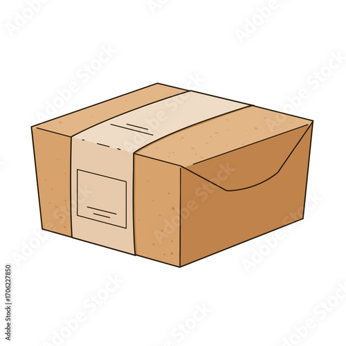 Side view of kraft paper dessert box with minimalist label, flat vector illustration, sustainable packaging concept on white background
