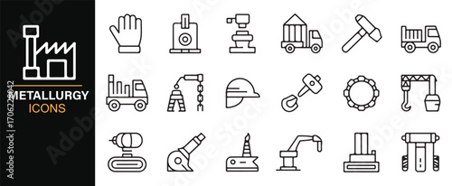 Metallurgy and engineering vector icons set with hammer, conveyor, and protective gear