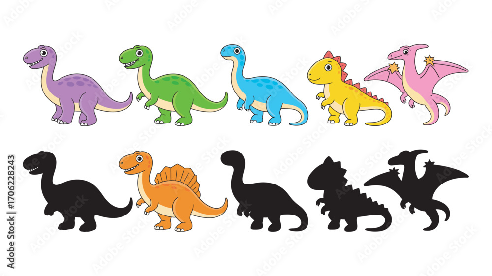 Obraz premium A collection of cute cartoon dinosaurs and their silhouettes. Educational matching game and visual puzzle for kids to find the correct shadow