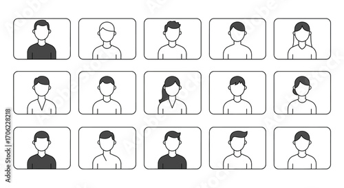 Minimalist outline avatars set with diverse hairstyles and clothes