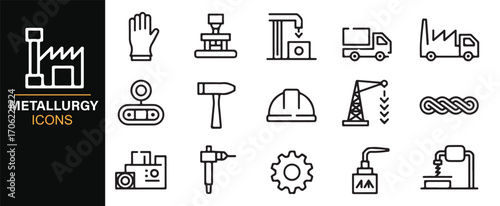 Thin line editable metallurgy symbols for industry, automation, and manufacturing