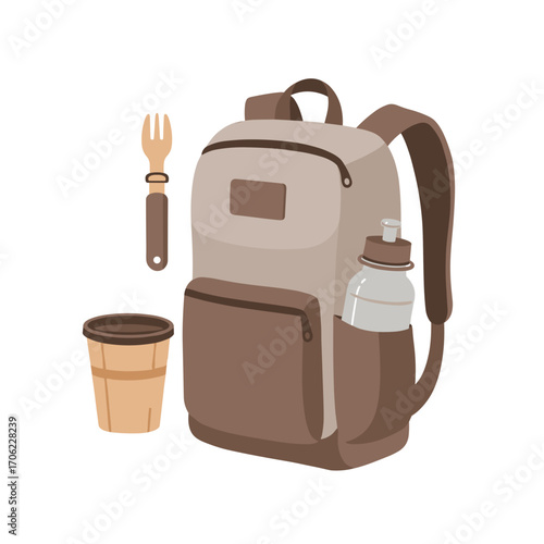 Daypack with reusable water bottle in side pouch in flat vector illustration with eco-friendly travel accessories on white background