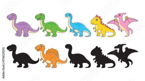 A collection of cute cartoon dinosaurs and their silhouettes. Educational matching game and visual puzzle for kids to find the correct shadow