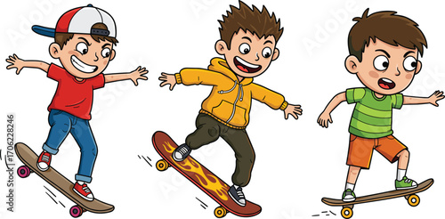 Energetic cartoon boys skateboarding in colorful clothes performing tricks, fun outdoor activity, children’s sport vector illustration design