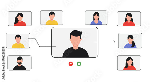 Online meeting with diverse participants in minimalist flat style