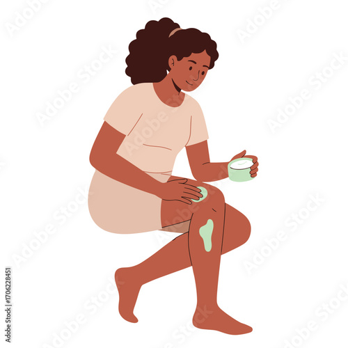 Female figure applying soothing balm to knees, flat vector illustration, skin and joint care concept, white background