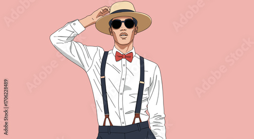 Stylish man in suspenders, bow tie, and panama hat in vector illustration with bold fashion-art style, minimalist color palette and pop-art inspired aesthetic