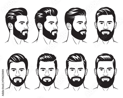 Set of vector illustrations of men's heads with various modern hairstyles and beards, perfect for barbershops and male grooming concepts