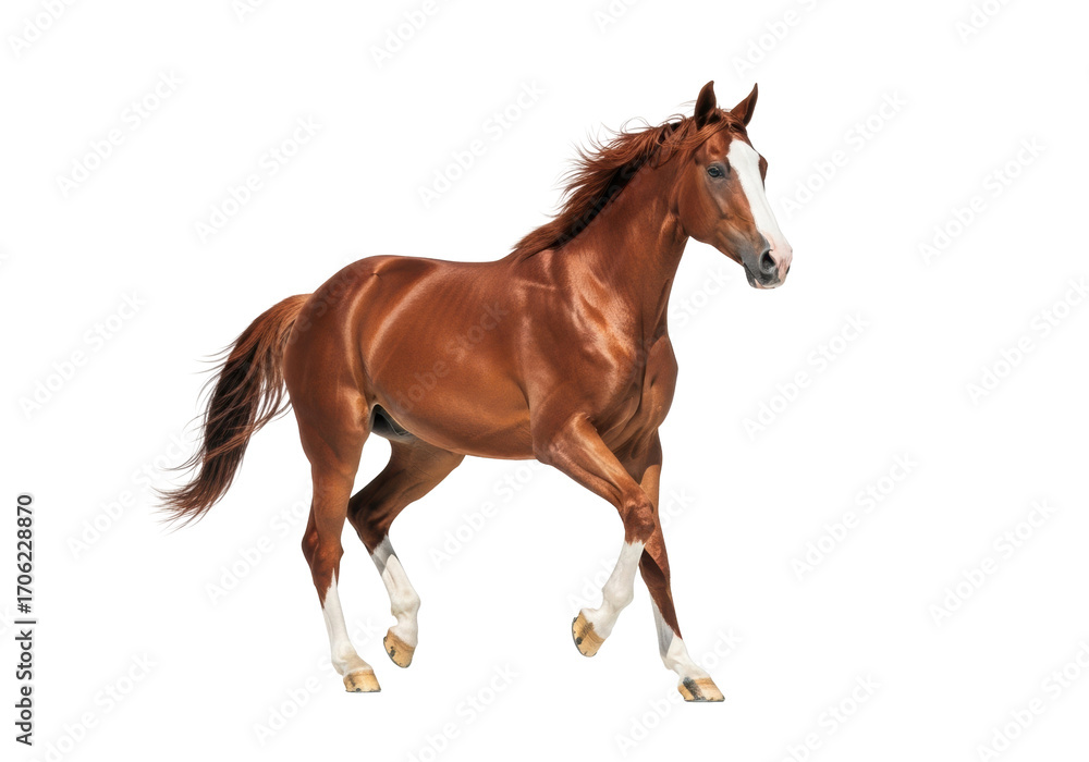 Obraz premium Majestic chestnut brown horse with white blaze and stockings, dynamically galloping on a transparent studio cyclorama with reflection and copy space, high-key lighting, concept of equine