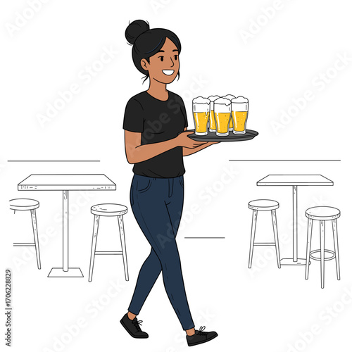Waitress walking with full beer tray, flat vector style, cheerful casual bar scene, white background with copy space