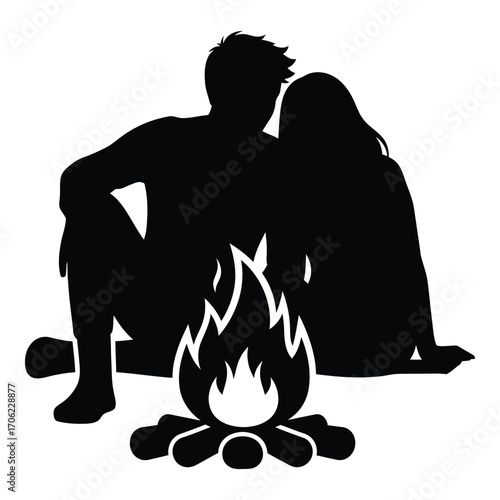 Romantic couple silhouettes sitting by campfire under night sky ambiance silhouette