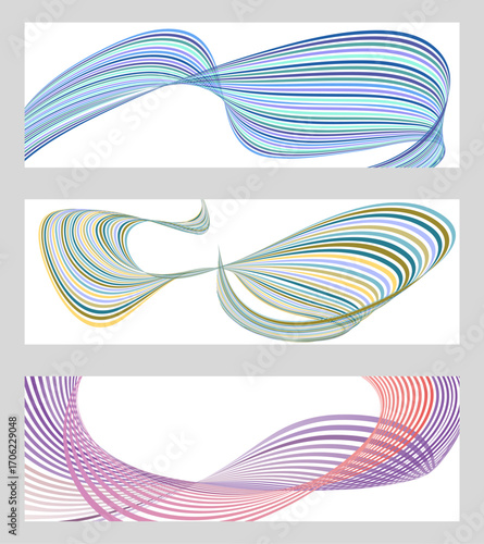 Wavy lines or ribbons. Set of 3 backgrounds. Multicolored striped gradient. Creative unusual background with abstract gradient wave lines to create a trendy banner
