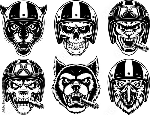 "Skulls and Fierce Animal Heads with Helmets and Cigars"