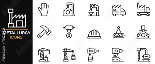 Industry and metallurgy icon pack with truck, chain, conveyor, and protective gear
